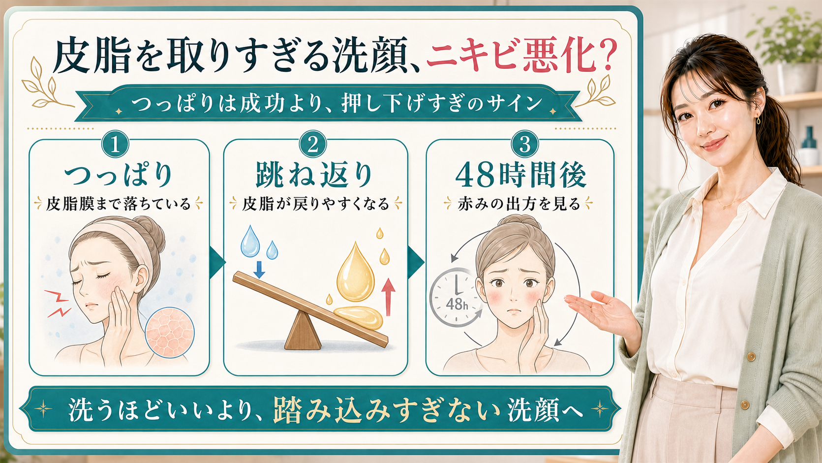 皮脂を取りすぎる洗顔とニキビ悪化をつっぱり・跳ね返り・48時間後で説明する美容解説ボード