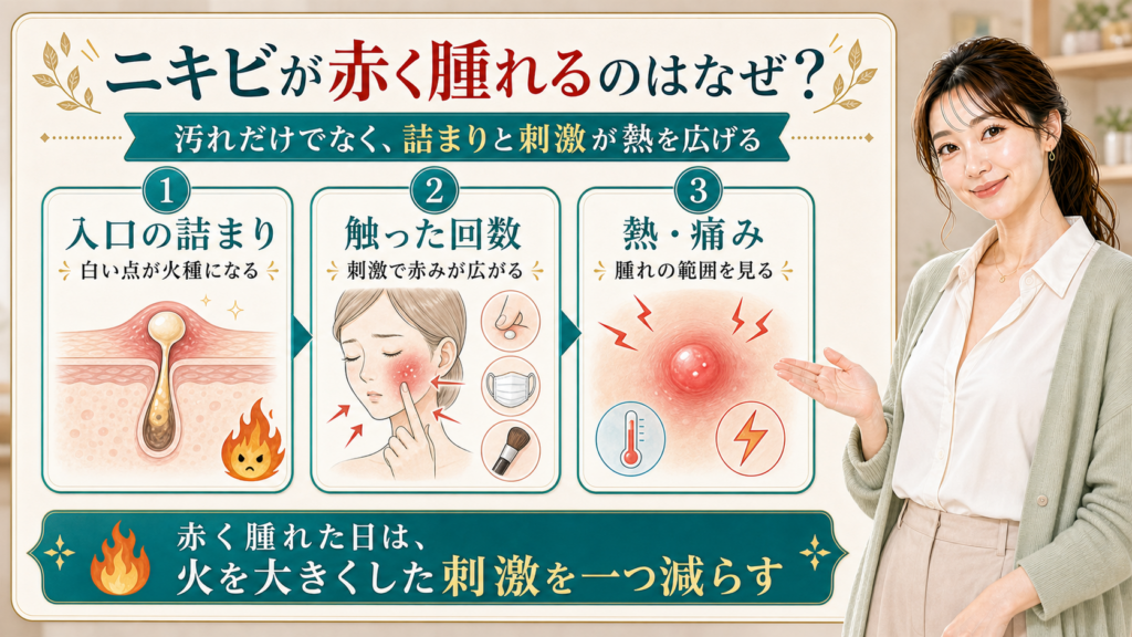 ニキビが赤く腫れる理由を入口の詰まり・触った回数・熱痛みで説明する美容解説ボード