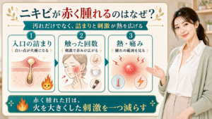 ニキビが赤く腫れる理由を入口の詰まり・触った回数・熱痛みで説明する美容解説ボード