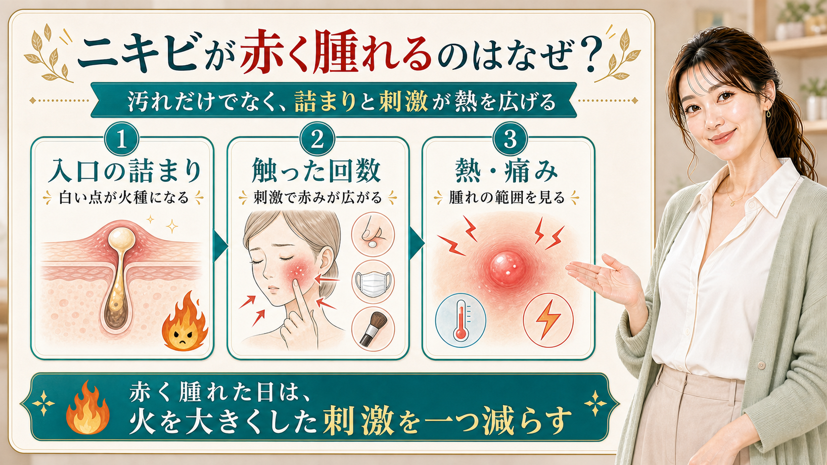 ニキビが赤く腫れる理由を入口の詰まり・触った回数・熱痛みで説明する美容解説ボード