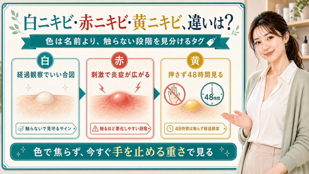 白ニキビ・赤ニキビ・黄ニキビの違いを色別タグで説明する美容解説ボード