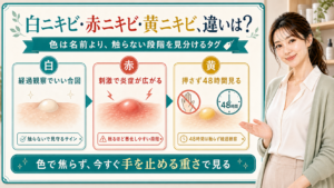 白ニキビ・赤ニキビ・黄ニキビの違いを色別タグで説明する美容解説ボード