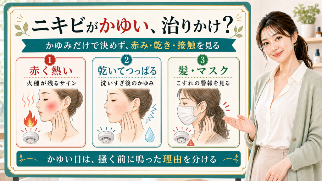 ニキビがかゆい理由を赤く熱い・乾いてつっぱる・髪マスクで説明する美容解説ボード
