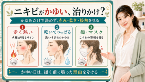 ニキビがかゆい理由を赤く熱い・乾いてつっぱる・髪マスクで説明する美容解説ボード