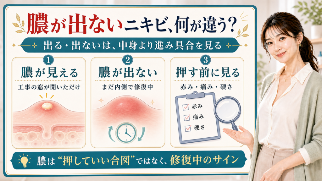 膿が出ないニキビと膿が見えるニキビの違いを進み具合・赤み・痛み・硬さで説明する美容解説ボード