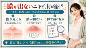 膿が出ないニキビと膿が見えるニキビの違いを進み具合・赤み・痛み・硬さで説明する美容解説ボード