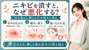 ニキビを潰すと悪化する理由を赤み・痛み・跡や穴の不安で説明する美容解説ボード