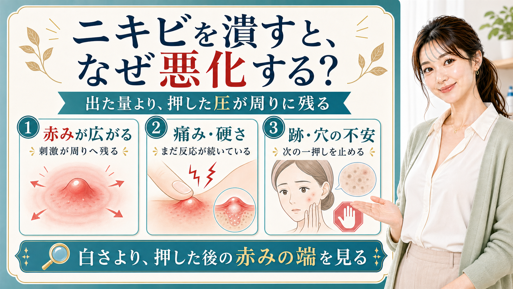 ニキビを潰すと悪化する理由を赤み・痛み・跡や穴の不安で説明する美容解説ボード
