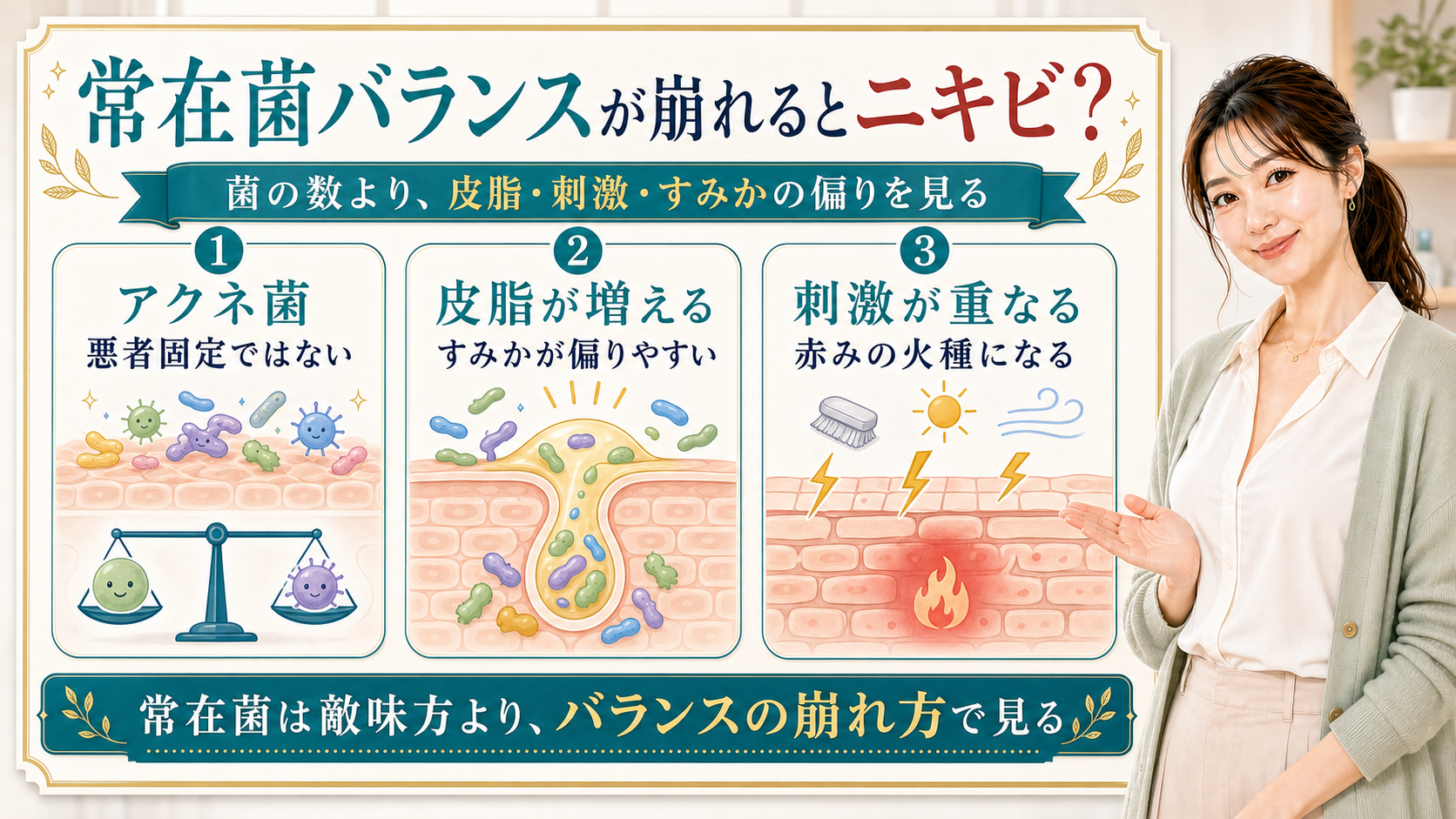 皮膚常在菌バランスとアクネ菌・皮脂・刺激の関係を説明する美容解説ボード