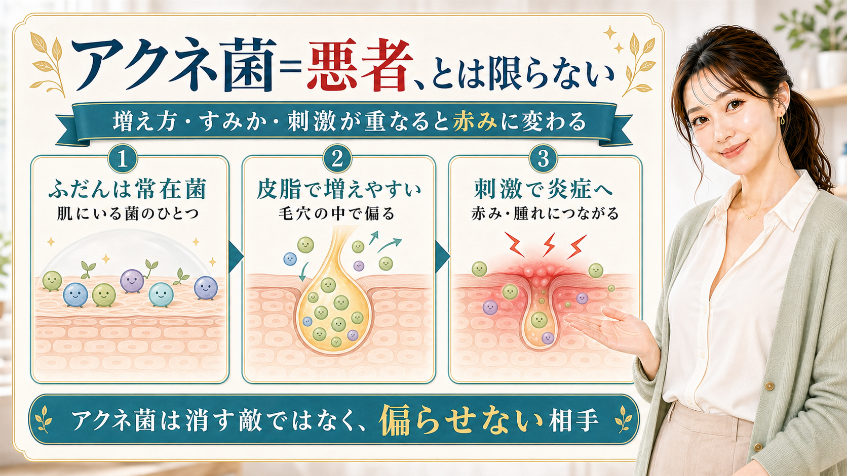 アクネ菌が常在菌であり皮脂や刺激の偏りで炎症につながることを説明する美容解説ボード