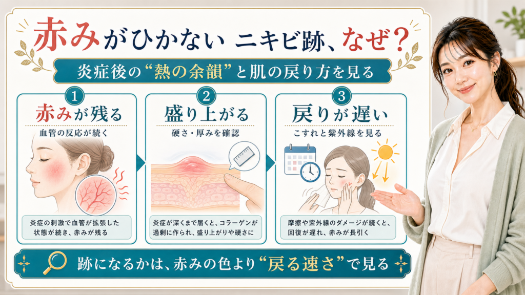 赤みがひかないニキビ跡の理由を赤み・盛り上がり・戻りの遅さで説明する美容解説ボード