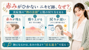 赤みがひかないニキビ跡の理由を赤み・盛り上がり・戻りの遅さで説明する美容解説ボード