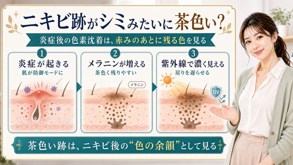 ニキビ跡がシミのように茶色く残る原因を炎症・メラニン・紫外線で説明する美容解説ボード