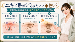 ニキビ跡がシミのように茶色く残る原因を炎症・メラニン・紫外線で説明する美容解説ボード
