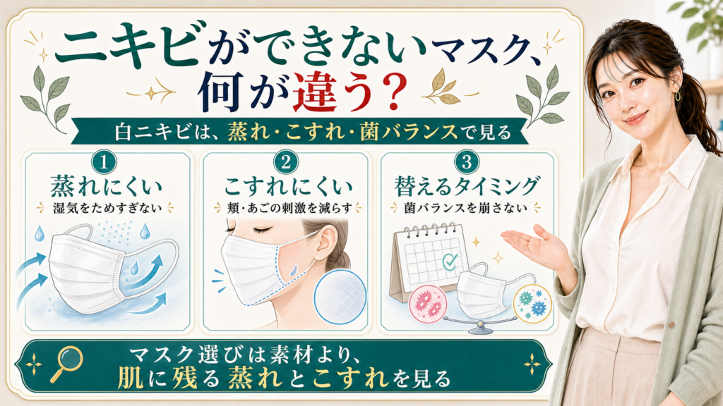 ニキビができないマスクの違いを蒸れ・こすれ・替えるタイミングで説明する美容解説ボード