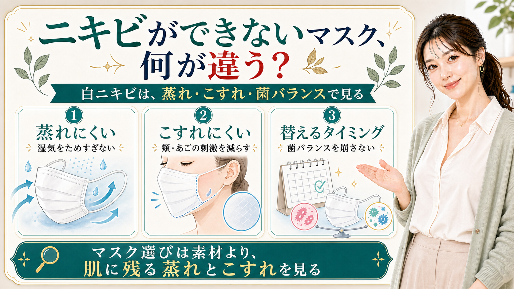 ニキビができないマスクの違いを蒸れ・こすれ・替えるタイミングで説明する美容解説ボード