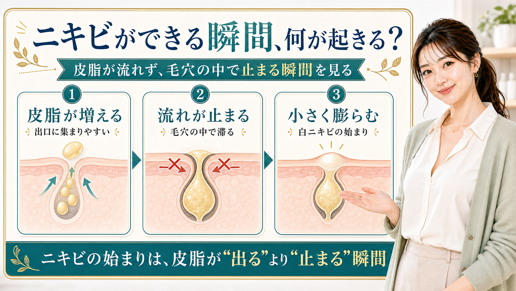 ニキビができる瞬間を皮脂の増加・流れの停止・白ニキビの始まりで説明する美容解説ボード