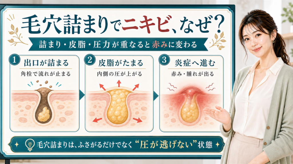 毛穴詰まりでニキビになる理由を出口の詰まり・皮脂の蓄積・炎症への進行で説明する美容解説ボード