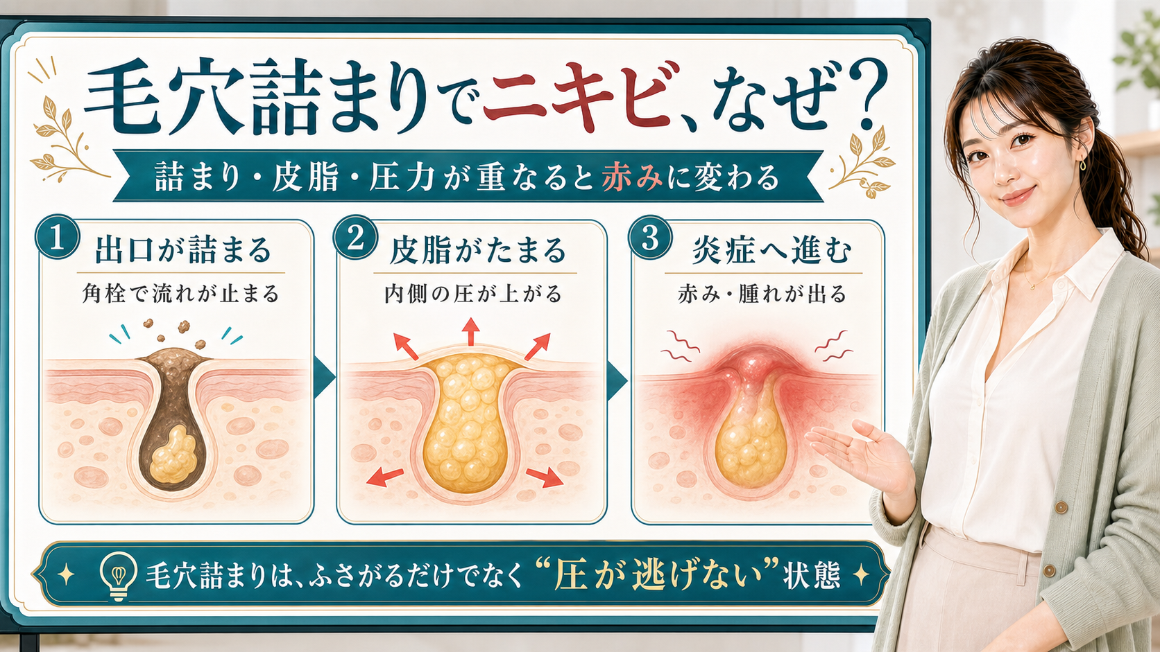 毛穴詰まりでニキビになる理由を出口の詰まり・皮脂の蓄積・炎症への進行で説明する美容解説ボード