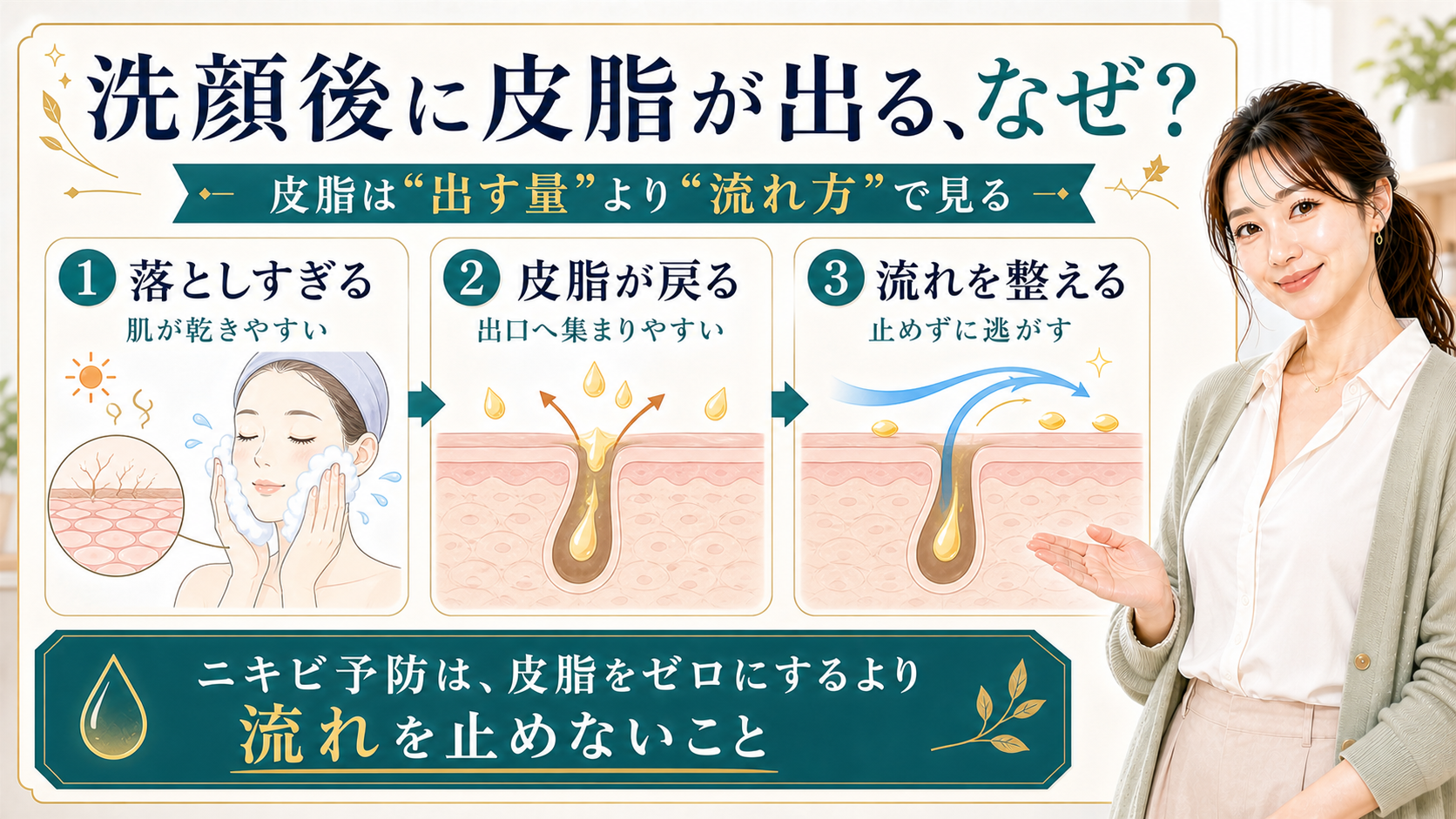洗顔後に皮脂が出る理由を落としすぎ・皮脂の戻り・流れ方で説明する美容解説ボード