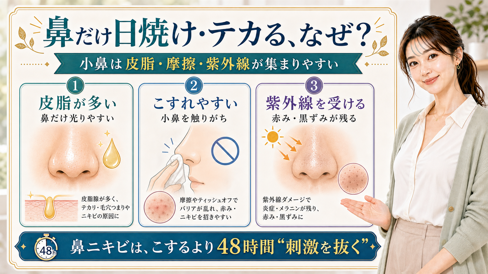 鼻だけ日焼けやテカりが目立つ理由を皮脂・摩擦・紫外線で説明する美容解説ボード