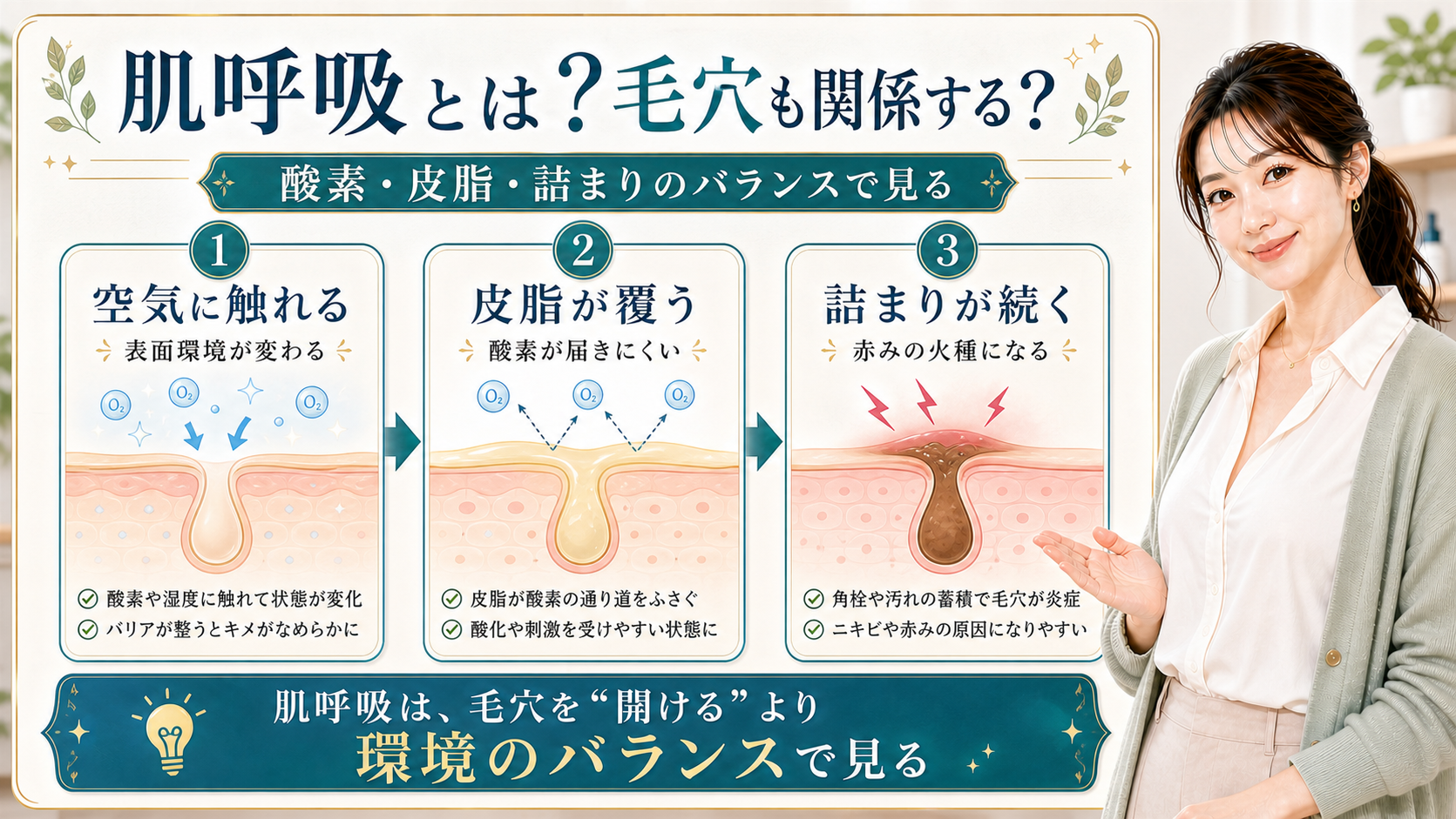 肌呼吸と毛穴の関係を酸素・皮脂・詰まりのバランスで説明する美容解説ボード