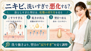 ニキビが洗いすぎで悪化する理由をこすりすぎ・乾き・翌日の詰まりで説明する美容解説ボード