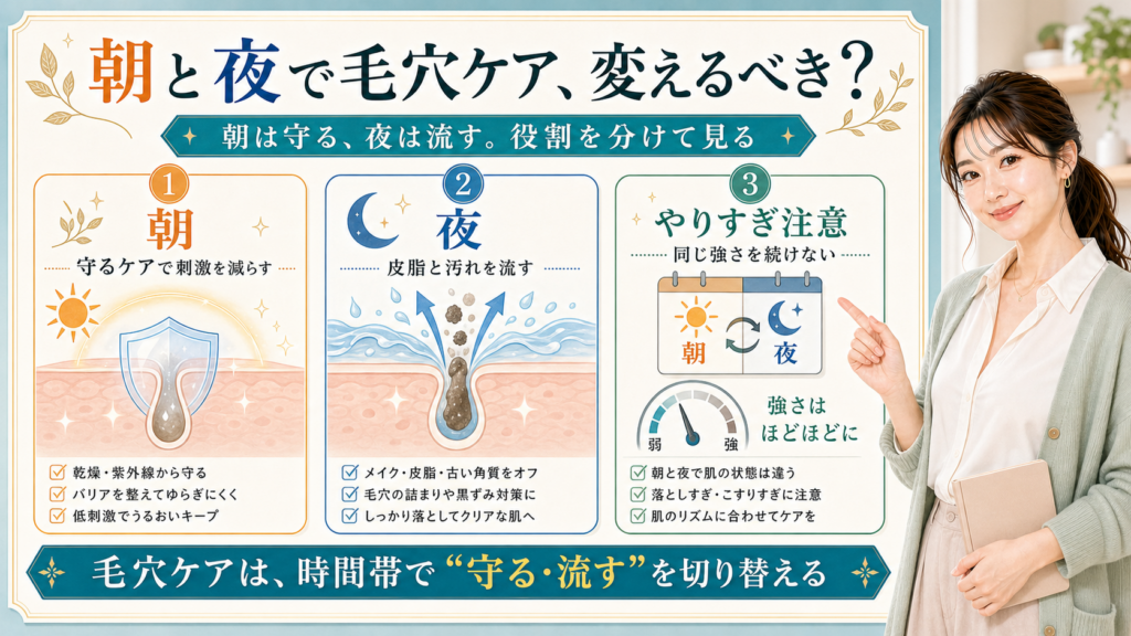 朝と夜で毛穴ケアを変えるべきかを朝は守る・夜は流す・やりすぎ注意で説明する美容解説ボード
