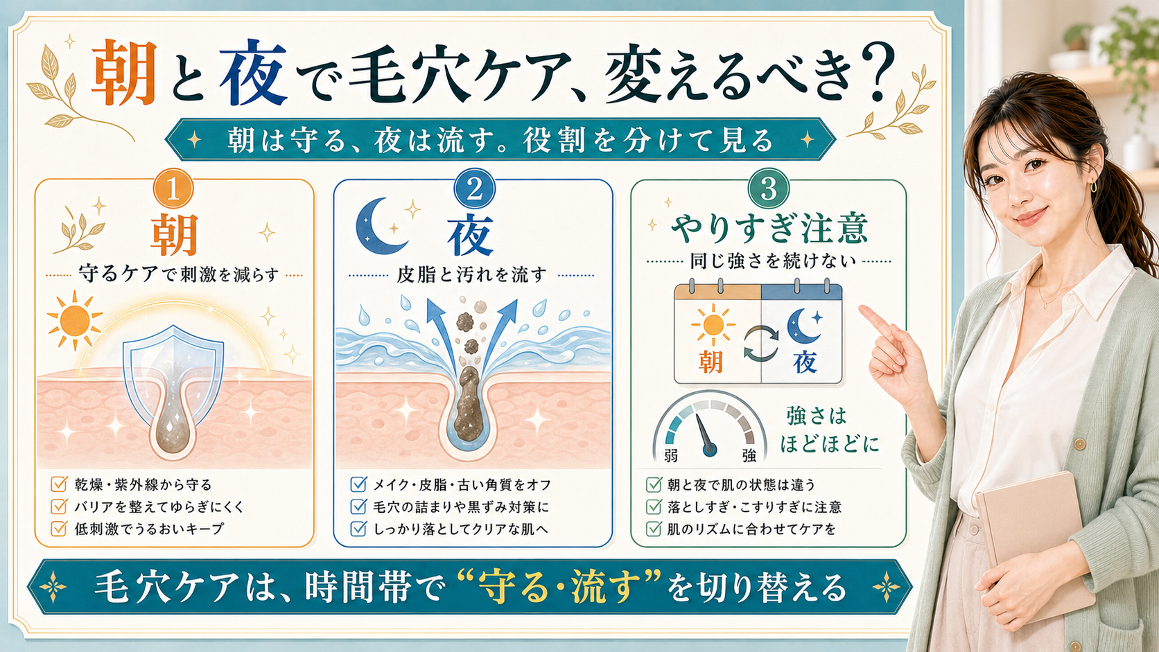 朝と夜で毛穴ケアを変えるべきかを朝は守る・夜は流す・やりすぎ注意で説明する美容解説ボード
