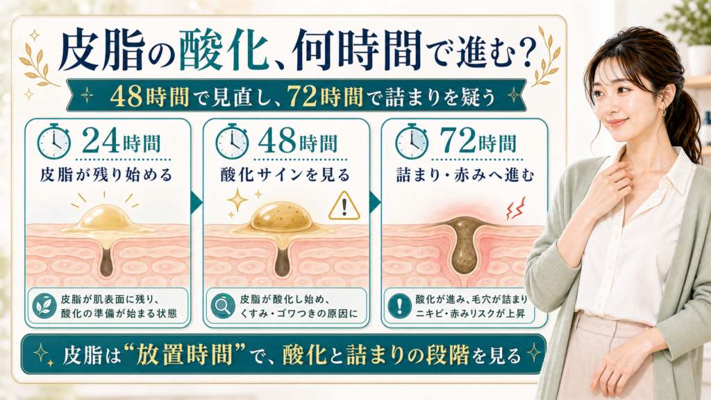 皮脂の酸化時間を24時間・48時間・72時間の段階で説明する美容解説ボード
