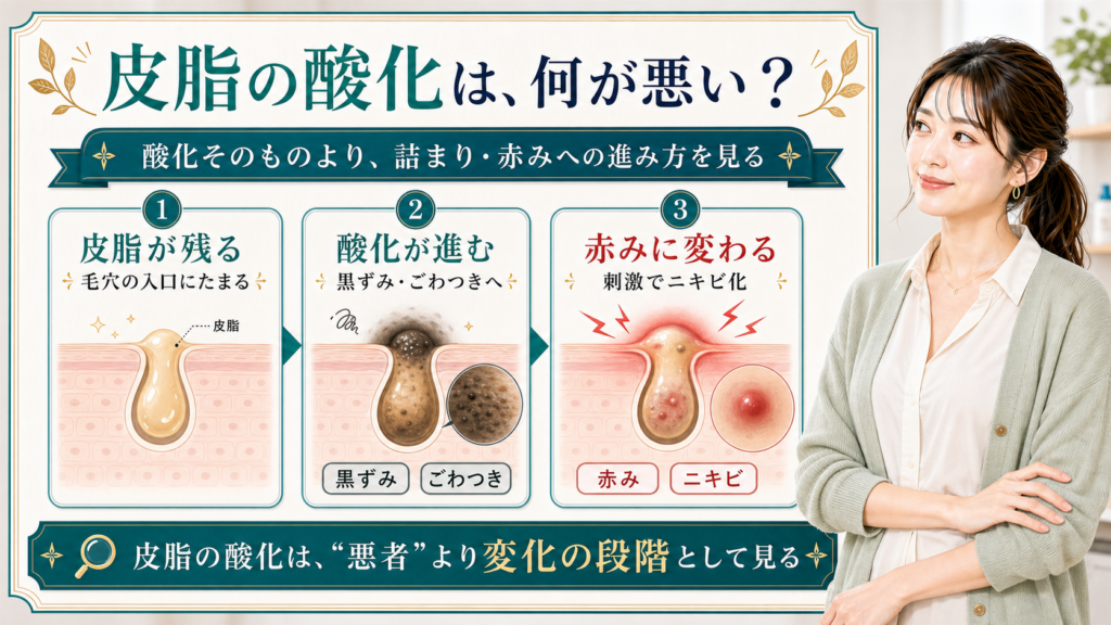皮脂の酸化が毛穴詰まりや赤みやニキビに進む流れを説明する美容解説ボード