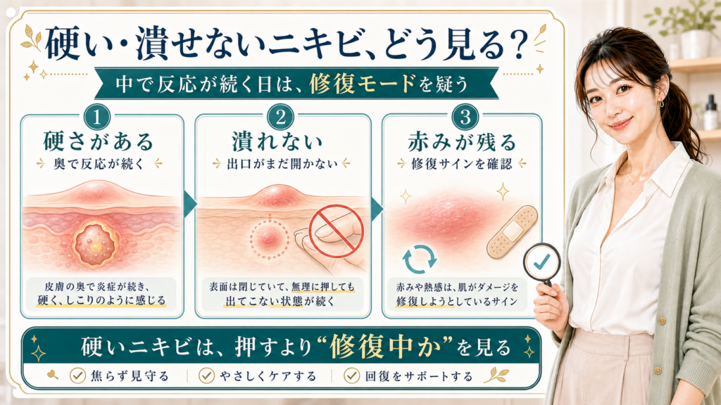 硬い潰せないニキビを硬さ・出口・赤みの修復サインで説明する美容解説ボード