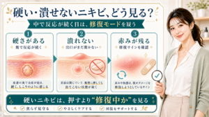 硬い潰せないニキビを硬さ・出口・赤みの修復サインで説明する美容解説ボード