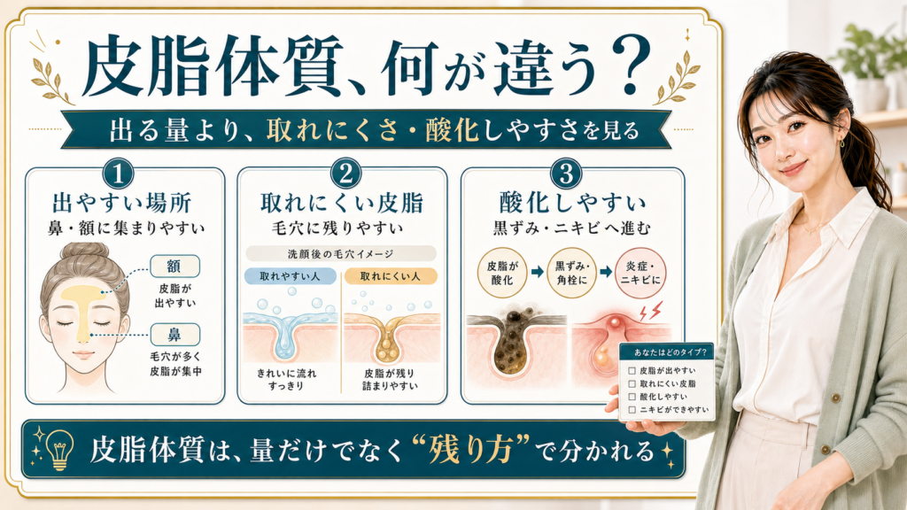 皮脂体質の違いを出やすい場所・取れにくい皮脂・酸化しやすさで説明する美容解説ボード