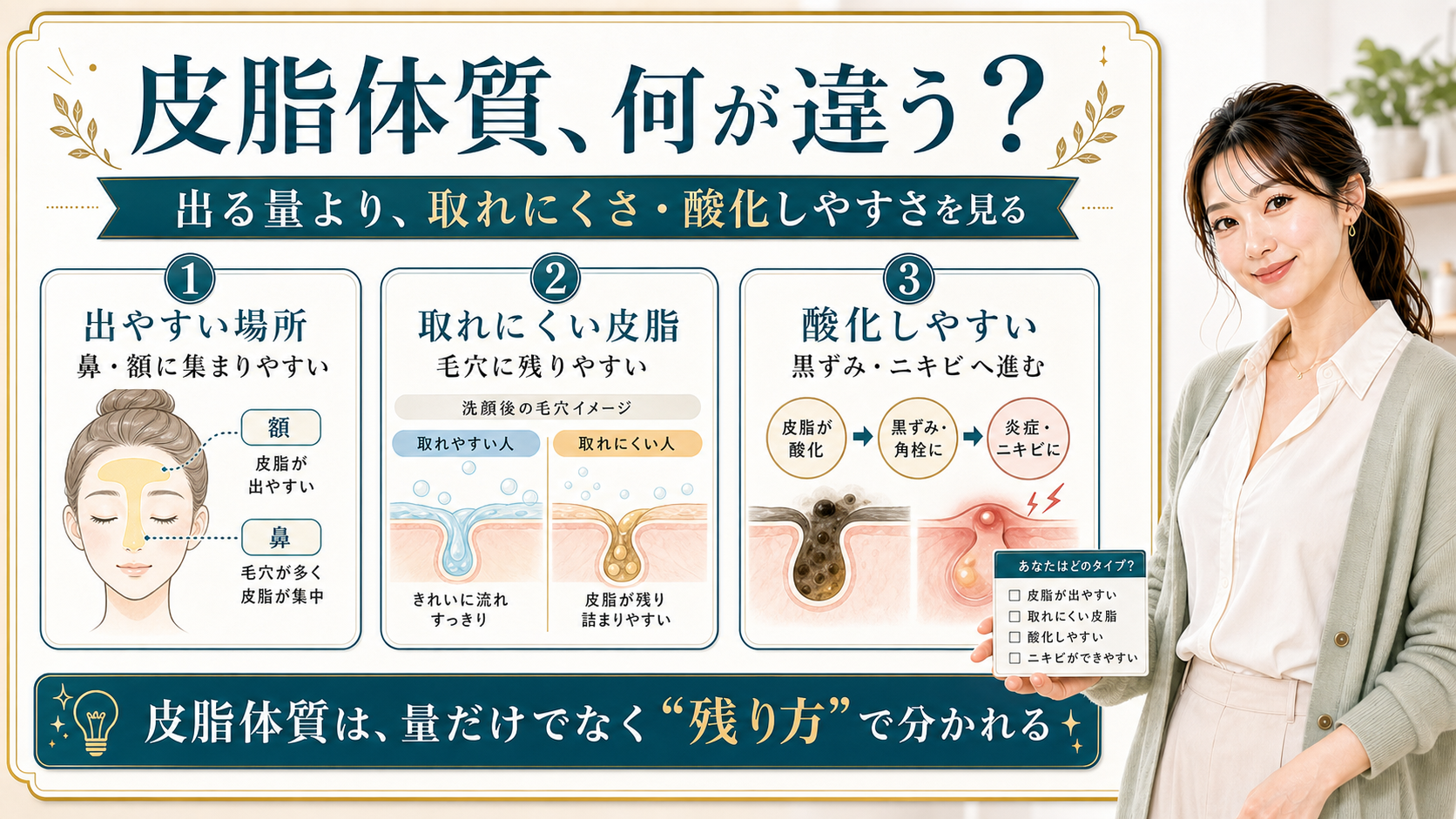 皮脂体質の違いを出やすい場所・取れにくい皮脂・酸化しやすさで説明する美容解説ボード