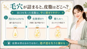 毛穴が詰まると皮脂がどこへ行くかを出口の詰まり・皮脂溜まり・白ニキビの始まりで説明する美容解説ボード