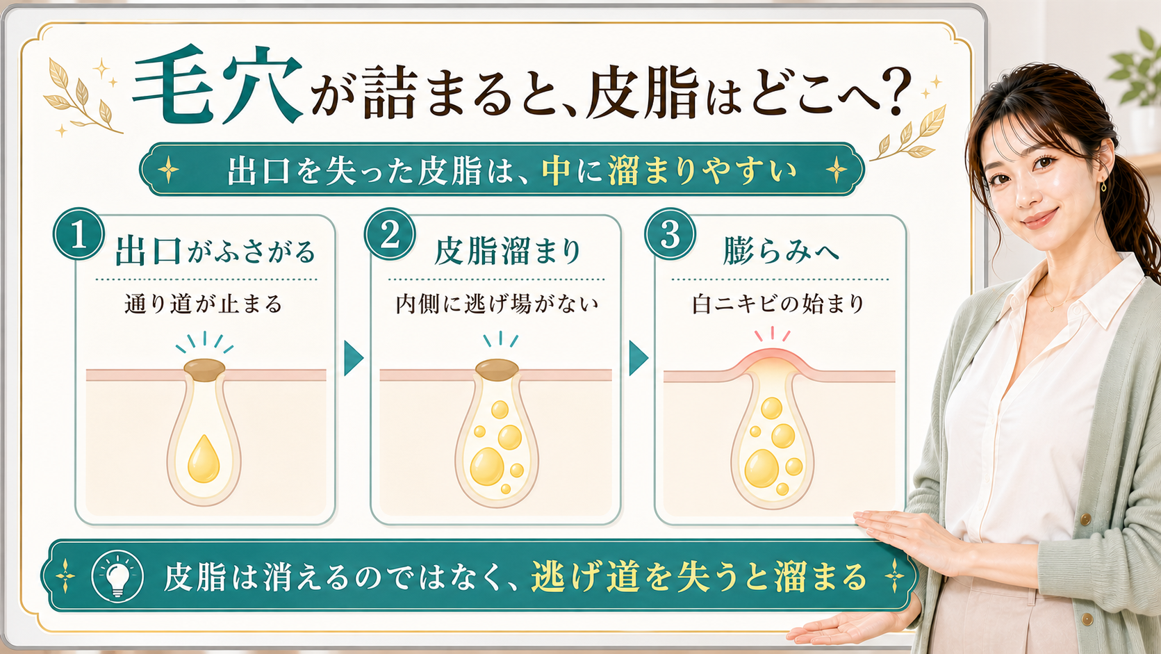 毛穴が詰まると皮脂がどこへ行くかを出口の詰まり・皮脂溜まり・白ニキビの始まりで説明する美容解説ボード