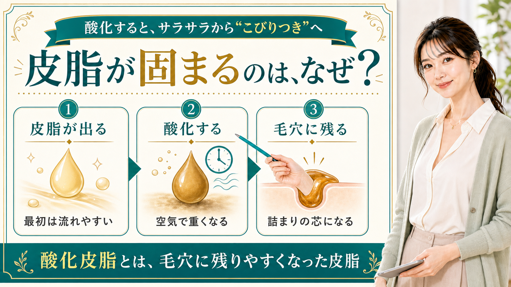 皮脂が固まる理由と酸化皮脂が毛穴に残る流れを三段階で説明する美容解説ボード