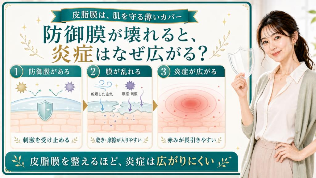 防御膜や皮脂膜が乱れると炎症が広がる流れを三段階で説明する美容解説ボード