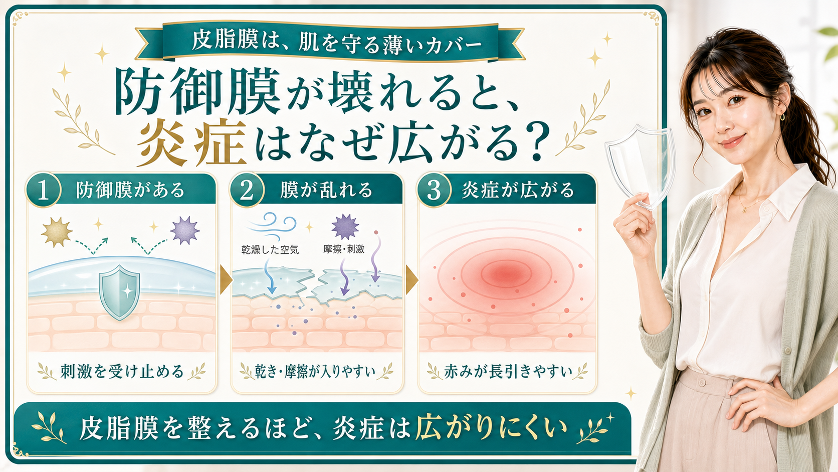 防御膜や皮脂膜が乱れると炎症が広がる流れを三段階で説明する美容解説ボード