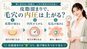 皮脂溜まりで毛穴の内圧が上がり赤みや痛みにつながる流れを三段階で説明する美容解説ボード