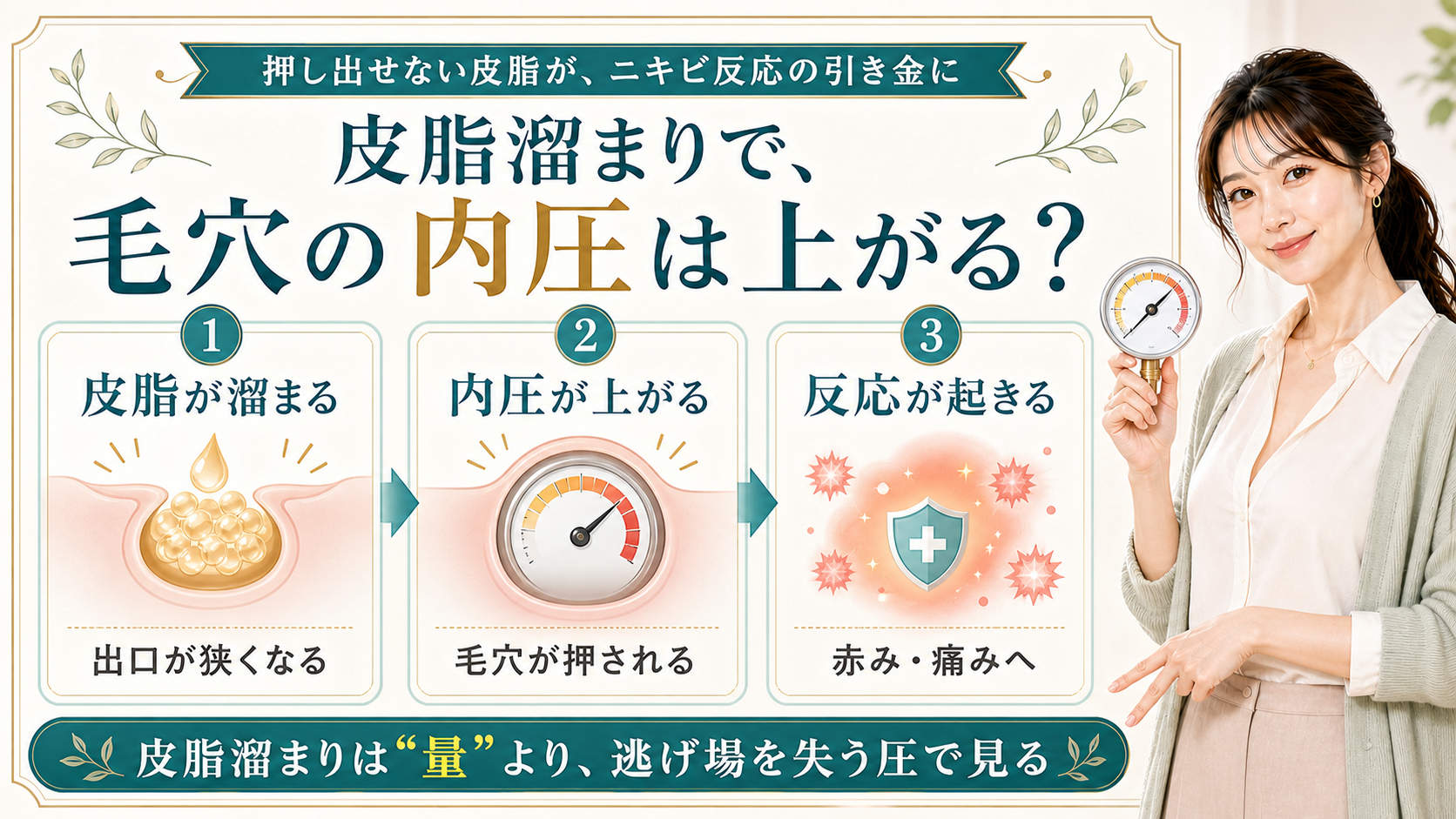 皮脂溜まりで毛穴の内圧が上がり赤みや痛みにつながる流れを三段階で説明する美容解説ボード