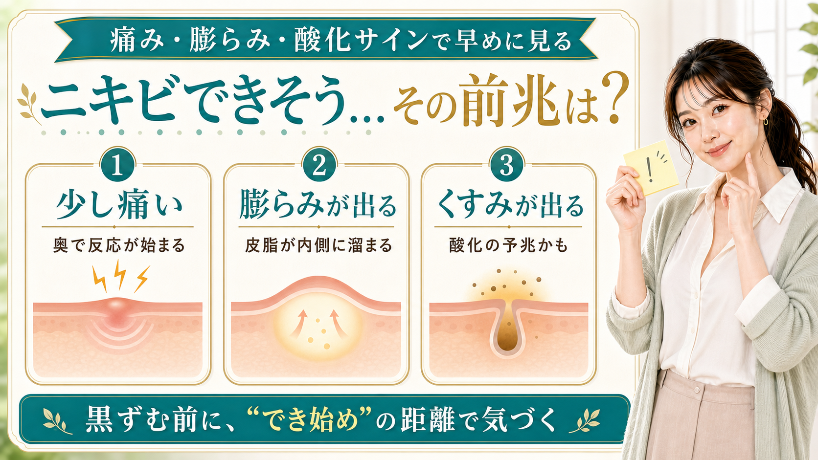 ニキビができそうな時の痛み・膨らみ・酸化サインを三段階で説明する美容解説ボード