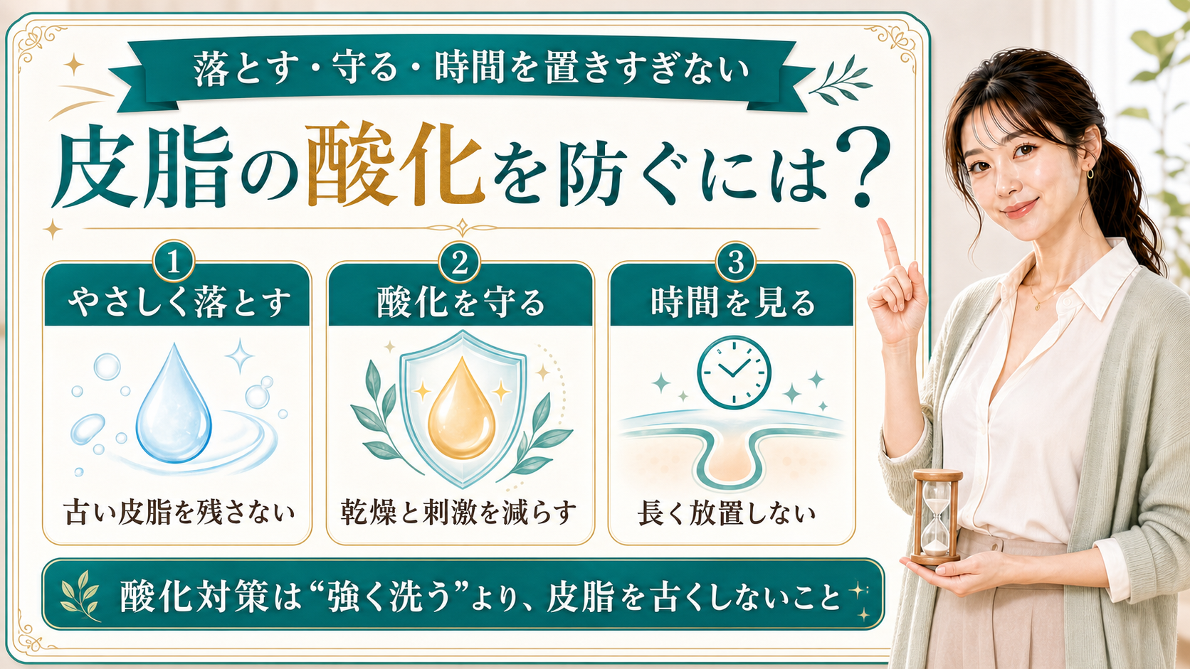 皮脂の酸化を防ぐために落とす・守る・時間を見る流れを三段階で説明する美容解説ボード