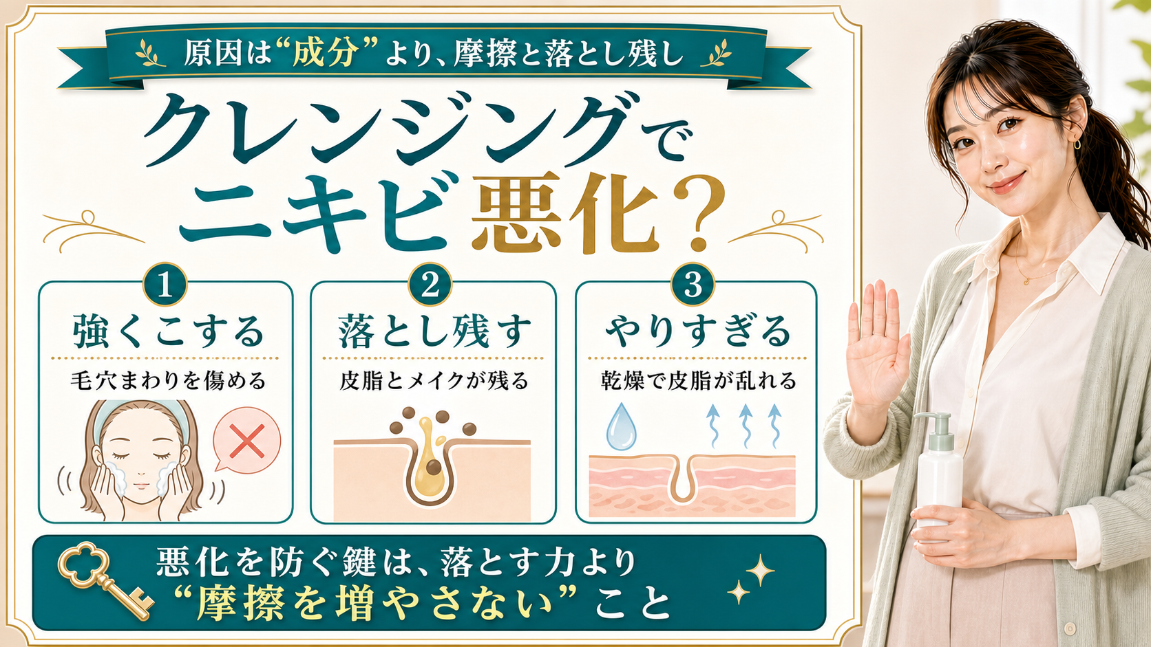 クレンジングでニキビが悪化する理由を摩擦・落とし残し・やりすぎの三段階で説明する美容解説ボード