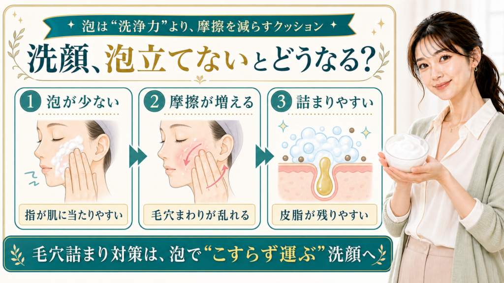 洗顔を泡立てないと摩擦が増えて毛穴詰まりにつながる流れを三段階で説明する美容解説ボード