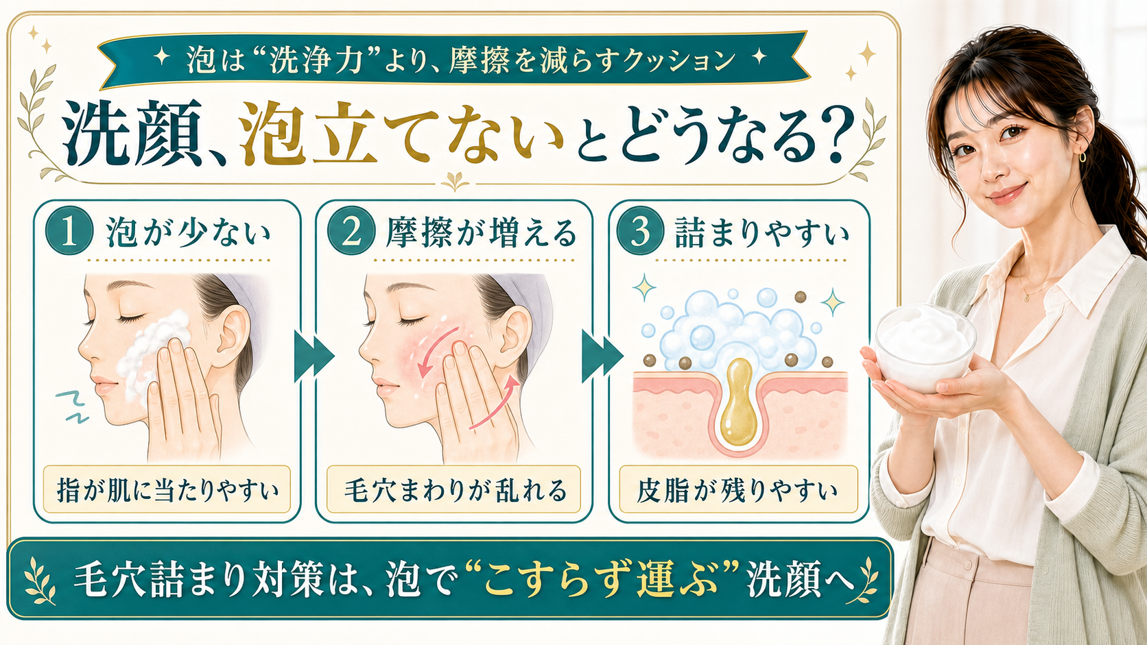 洗顔を泡立てないと摩擦が増えて毛穴詰まりにつながる流れを三段階で説明する美容解説ボード