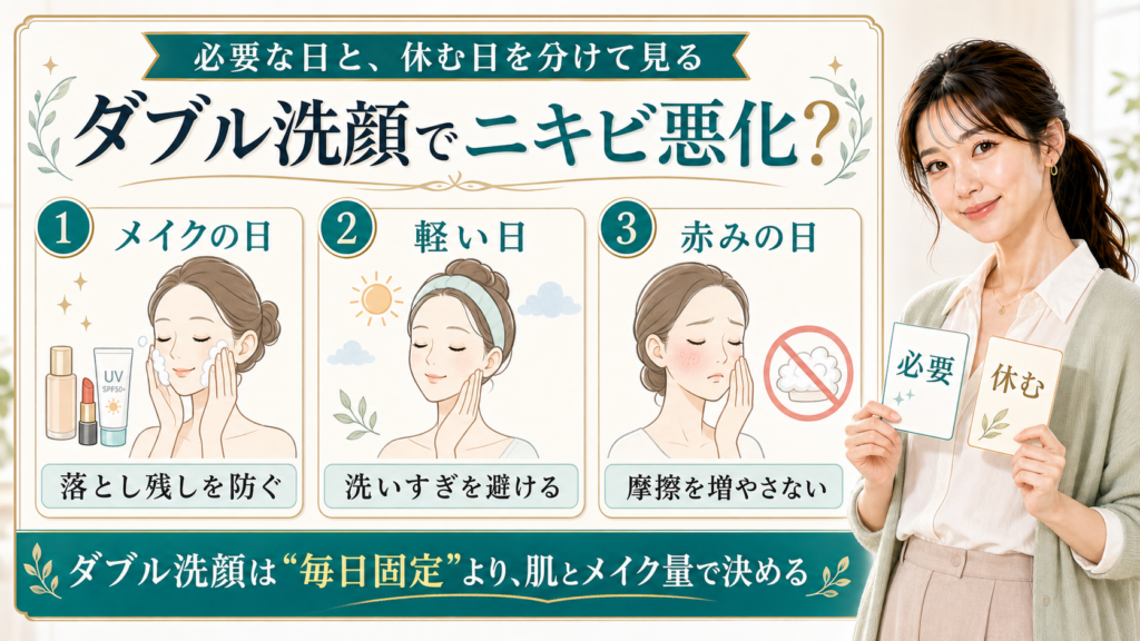 ダブル洗顔でニキビが悪化するかをメイクの日・軽い日・赤みの日で説明する美容解説ボード