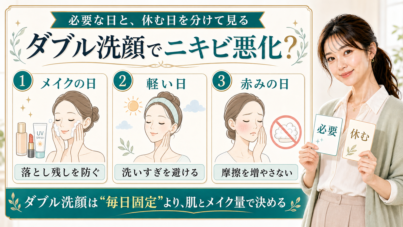 ダブル洗顔でニキビが悪化するかをメイクの日・軽い日・赤みの日で説明する美容解説ボード