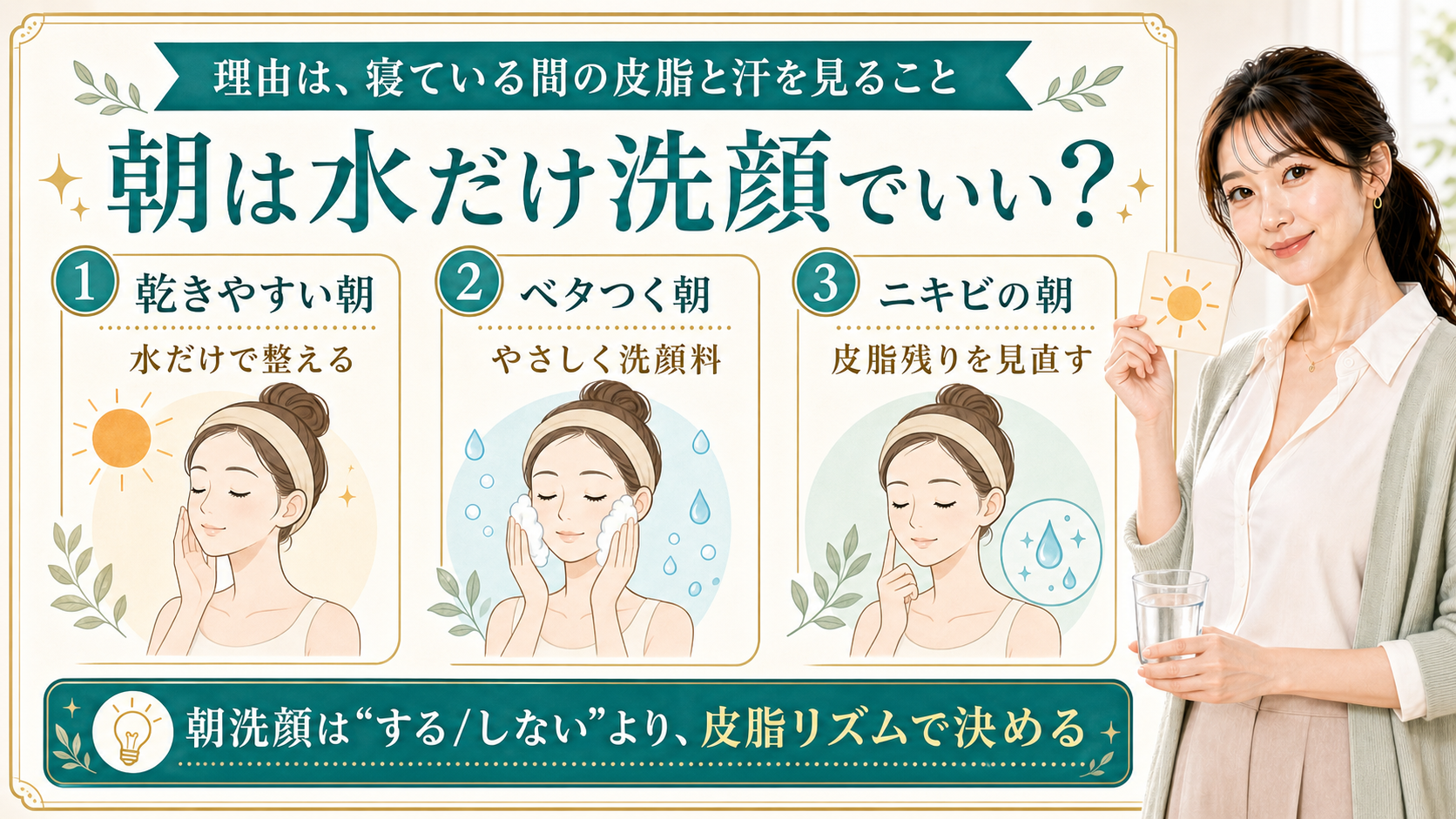 朝は水だけ洗顔でよいかを乾きやすい朝・ベタつく朝・ニキビの朝で説明する美容解説ボード
